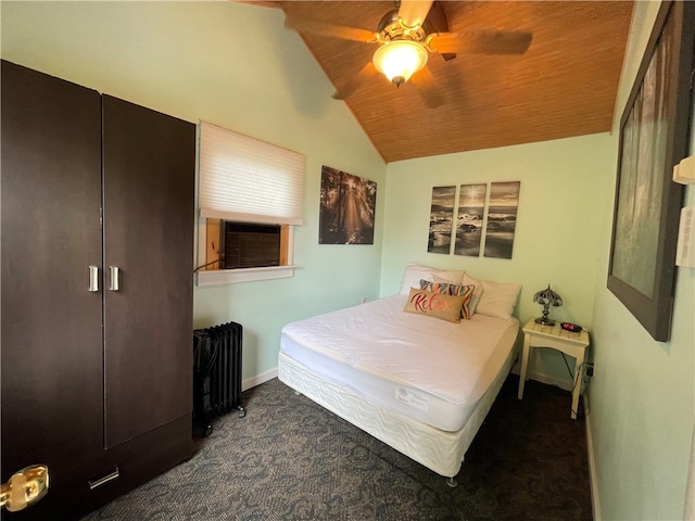 carpeted bedroom with radiator heating unit, wooden ceiling, cooling unit, lofted ceiling, and ceiling fan