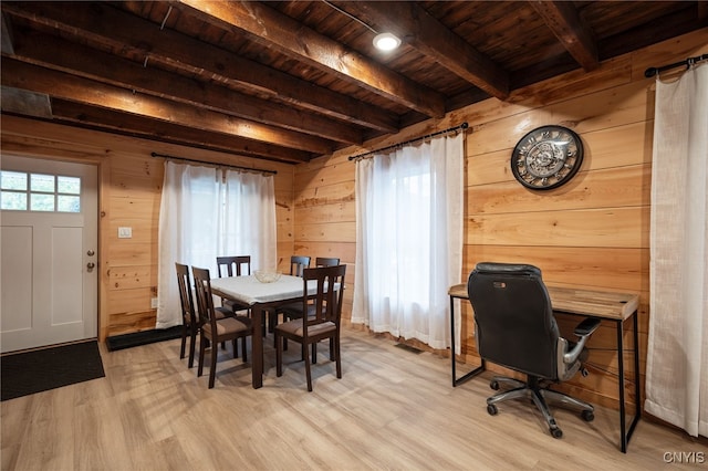 dining area with light wood-type flooring, wooden walls, beamed ceiling, and wooden ceiling