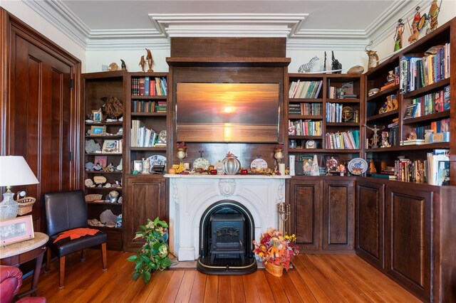 living area featuring light hardwood / wood-style flooring, ornamental molding, and a wood stove