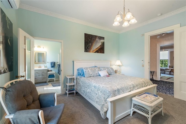 bedroom with an inviting chandelier, carpet, a wall mounted air conditioner, and crown molding