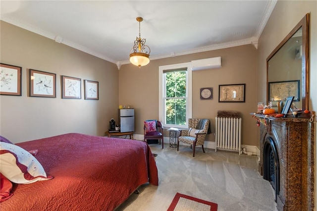 bedroom featuring a wall mounted AC, ornamental molding, carpet, baseboards, and radiator heating unit