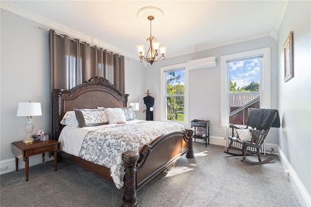 carpeted bedroom featuring crown molding, baseboards, a notable chandelier, and a wall unit AC