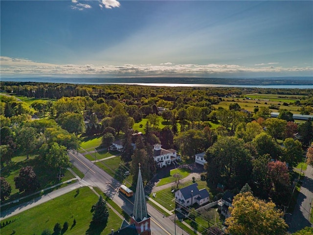 drone / aerial view with a water view and a wooded view
