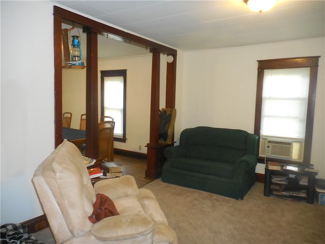 living room featuring cooling unit and carpet flooring