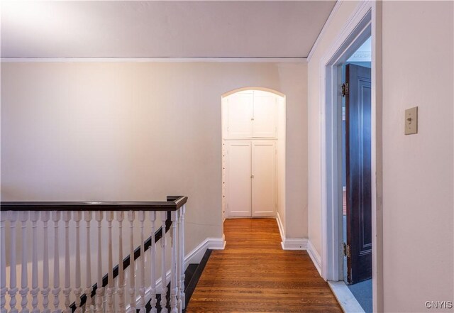 corridor with dark hardwood / wood-style flooring and ornamental molding