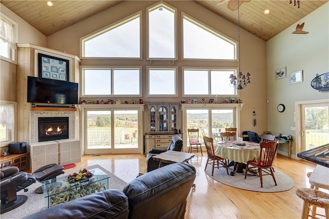 living room featuring high vaulted ceiling, light hardwood / wood-style flooring, wooden ceiling, and a fireplace