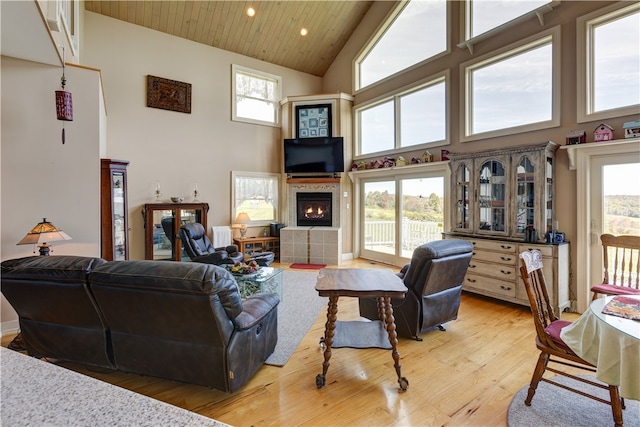 living room with high vaulted ceiling, hardwood / wood-style flooring, and plenty of natural light