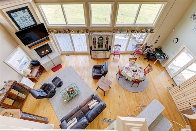 living room with wood-type flooring and a high ceiling