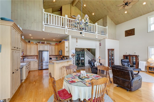 dining space featuring ceiling fan, beam ceiling, high vaulted ceiling, wooden ceiling, and light wood-type flooring