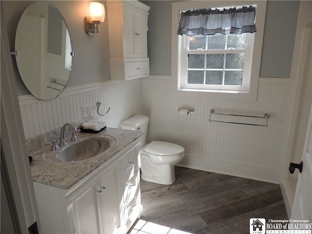 bathroom featuring vanity, toilet, and hardwood / wood-style flooring