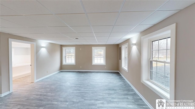 spare room featuring hardwood / wood-style flooring and a paneled ceiling