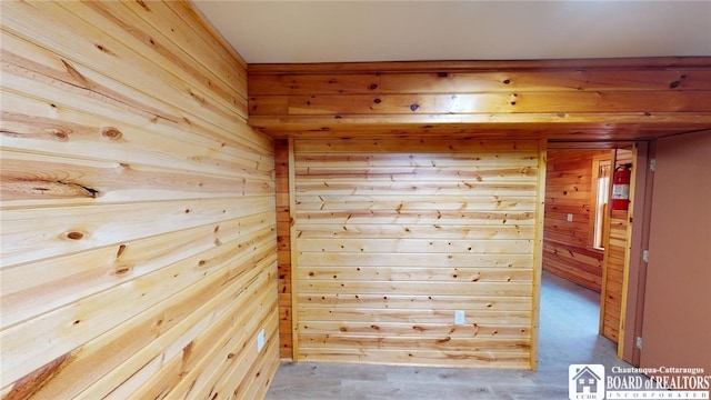 spare room with wooden walls