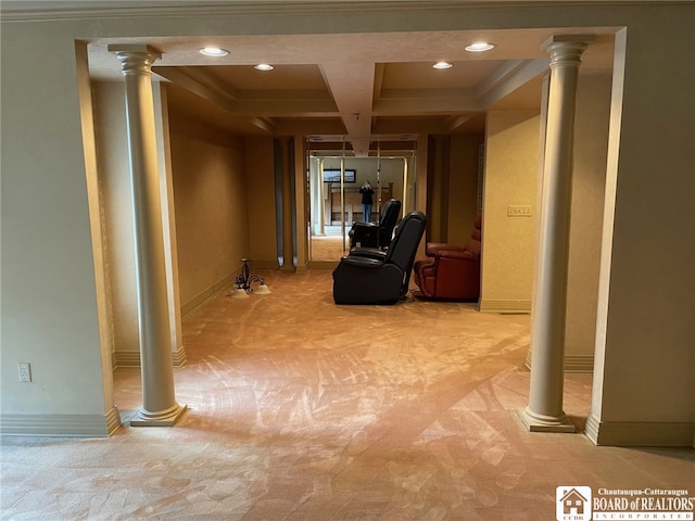 interior space with ornamental molding and light carpet