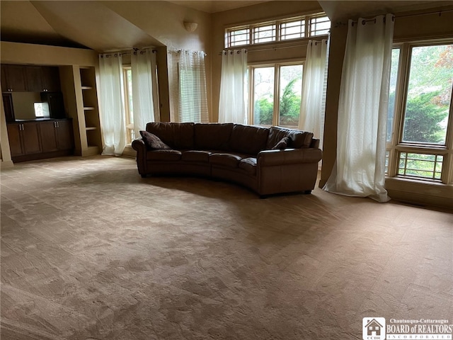 carpeted living room with vaulted ceiling and built in features