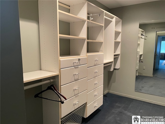 spacious closet featuring dark carpet