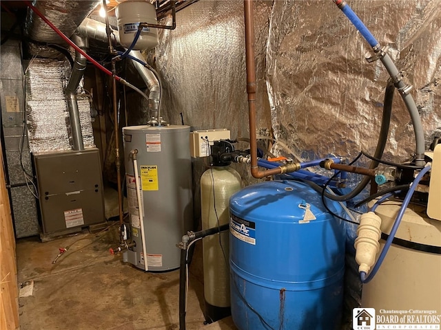 utility room with gas water heater and heating unit