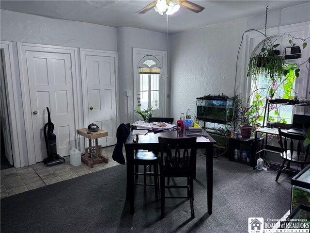 150 N Portage St, Westfield, NY 14787 - dining space with carpet floors, a textured wall, and ceiling fan