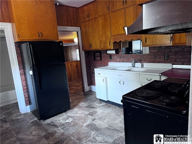 kitchen with black appliances, sink, tasteful backsplash, and range hood