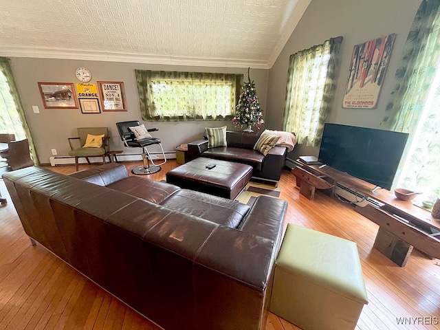 living room with ornamental molding, light wood-type flooring, vaulted ceiling, and a healthy amount of sunlight