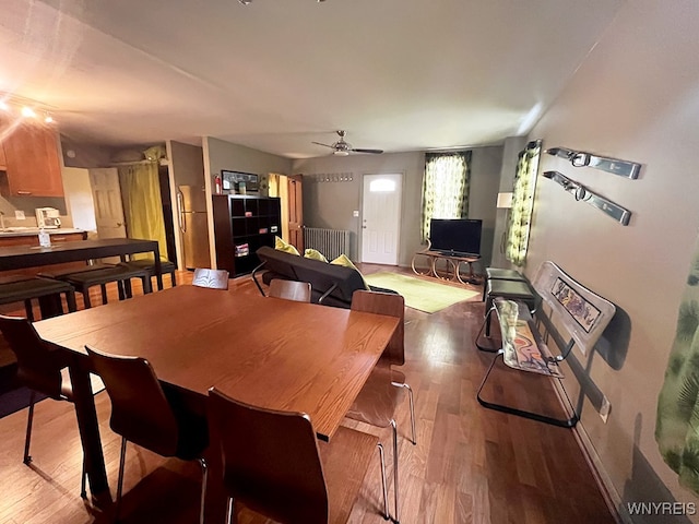 dining space with ceiling fan and light hardwood / wood-style flooring