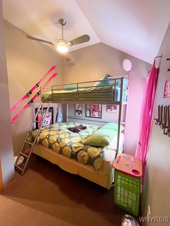 bedroom featuring lofted ceiling and ceiling fan