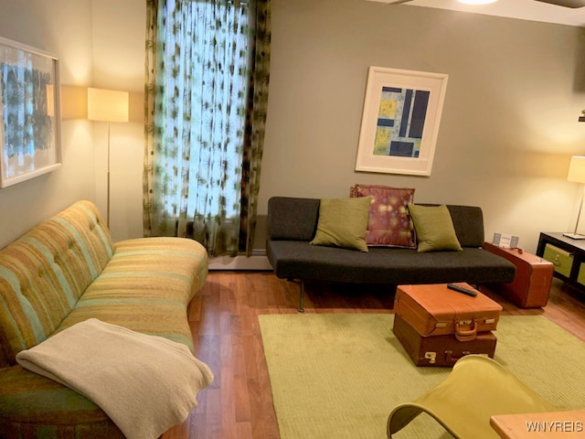 living room with wood-type flooring and a baseboard heating unit