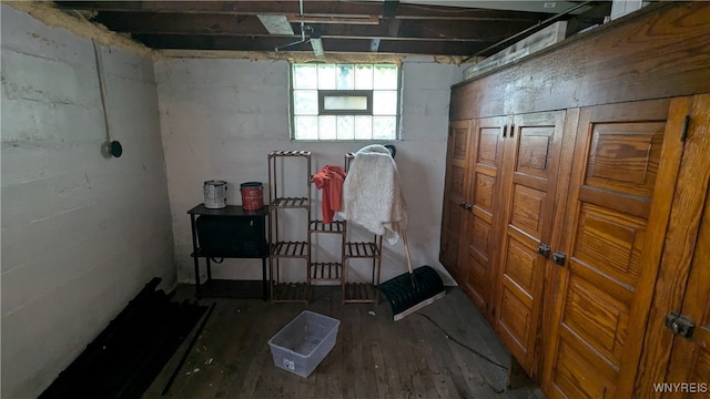 basement with dark wood-type flooring