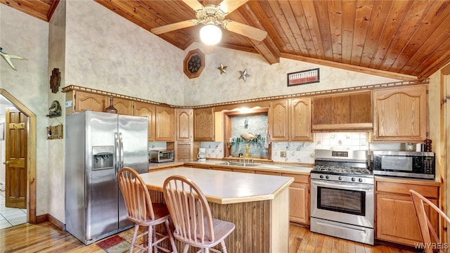 kitchen featuring light wood-type flooring, stainless steel appliances, high vaulted ceiling, wooden ceiling, and a center island