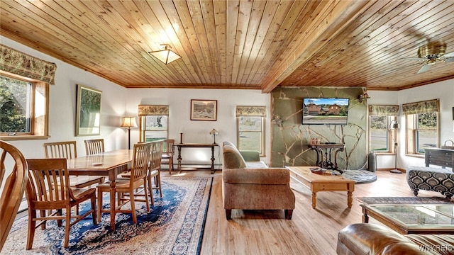 dining space featuring ceiling fan, baseboard heating, crown molding, light hardwood / wood-style floors, and wood ceiling