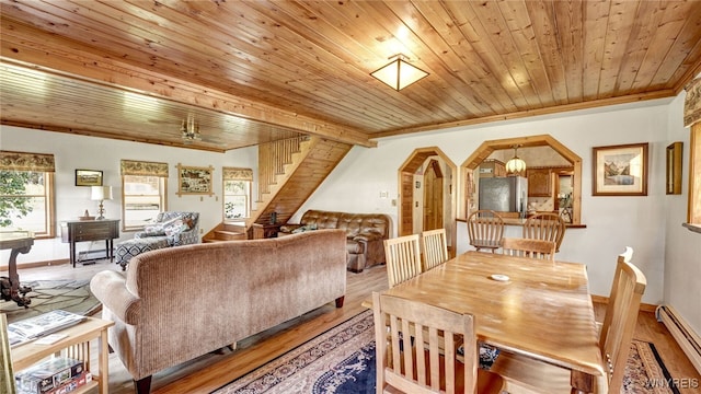 dining area with baseboard heating, ceiling fan, wooden ceiling, vaulted ceiling with beams, and light hardwood / wood-style floors