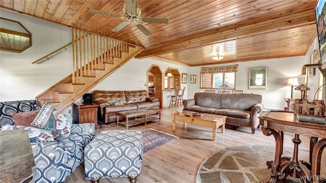 living room with light wood-type flooring, ceiling fan, and wooden ceiling