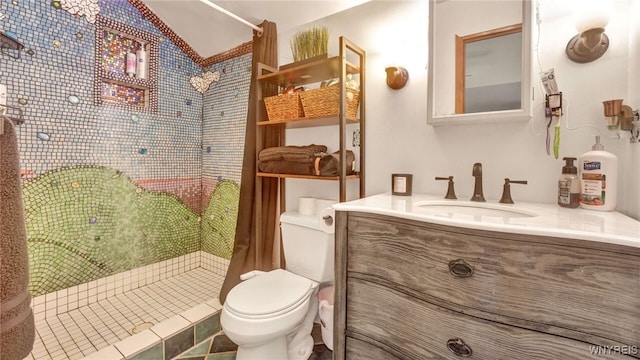 bathroom with a shower with curtain, vanity, and toilet