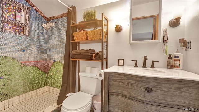 bathroom with walk in shower, vanity, and toilet