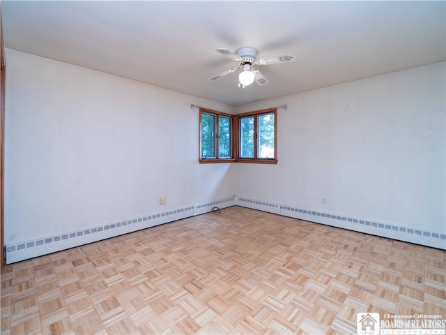 unfurnished room featuring light parquet floors and ceiling fan