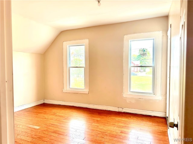 additional living space featuring light wood-type flooring, vaulted ceiling, and a wealth of natural light