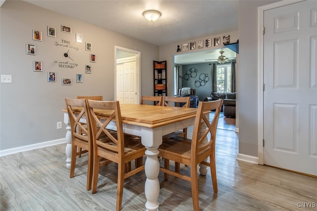 dining area with light wood-type flooring and ceiling fan