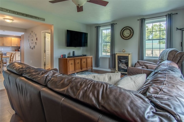 living room featuring ceiling fan and light hardwood / wood-style flooring