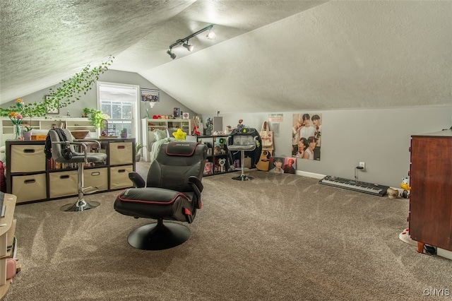 game room featuring lofted ceiling, carpet floors, and a textured ceiling