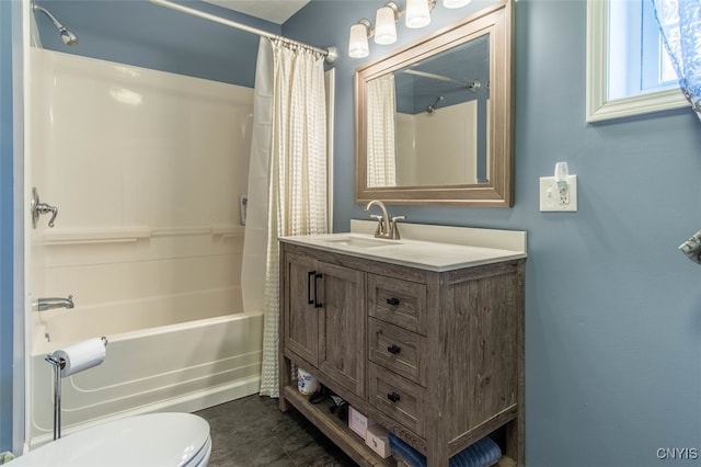 full bathroom with vanity, shower / bathtub combination with curtain, and toilet