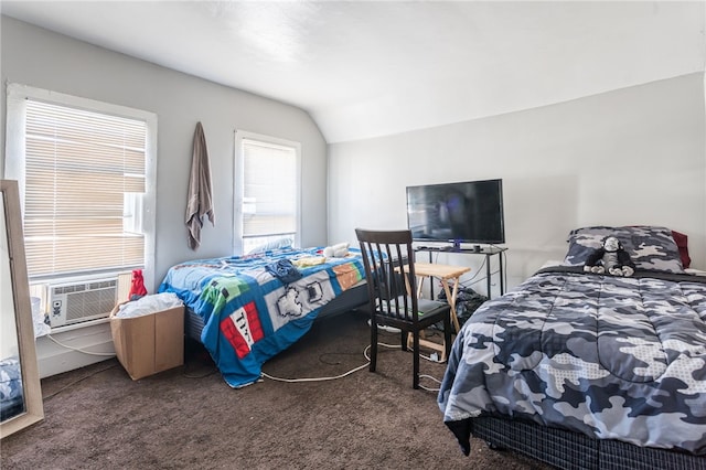 carpeted bedroom with cooling unit and vaulted ceiling