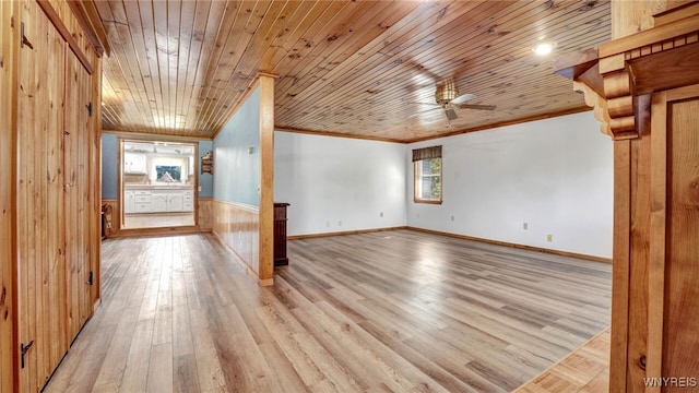 interior space featuring wooden ceiling, light hardwood / wood-style floors, wooden walls, and ceiling fan