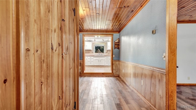 corridor featuring wooden ceiling, wood-type flooring, wooden walls, and ornamental molding