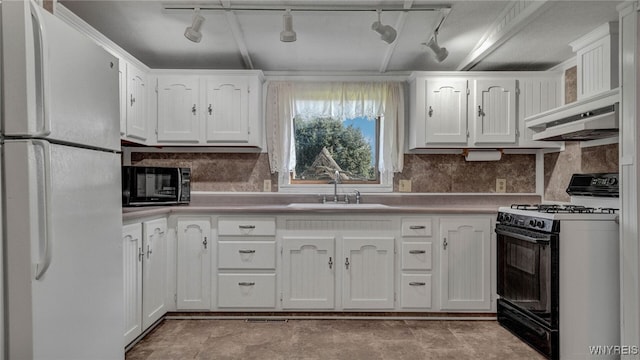 kitchen with white cabinets, black appliances, sink, and rail lighting