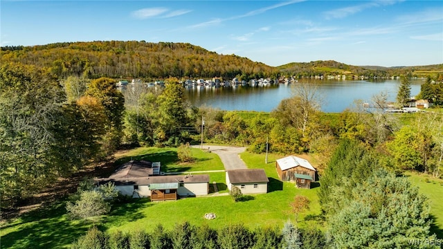 birds eye view of property featuring a water and mountain view