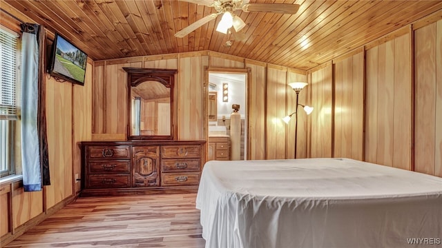 bedroom featuring light wood-type flooring, wood ceiling, wood walls, and vaulted ceiling