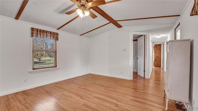 unfurnished room featuring light hardwood / wood-style flooring, vaulted ceiling with beams, and ceiling fan