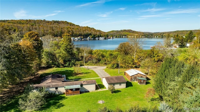 birds eye view of property featuring a water and mountain view