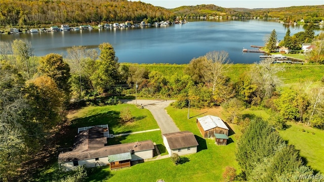 drone / aerial view featuring a water view