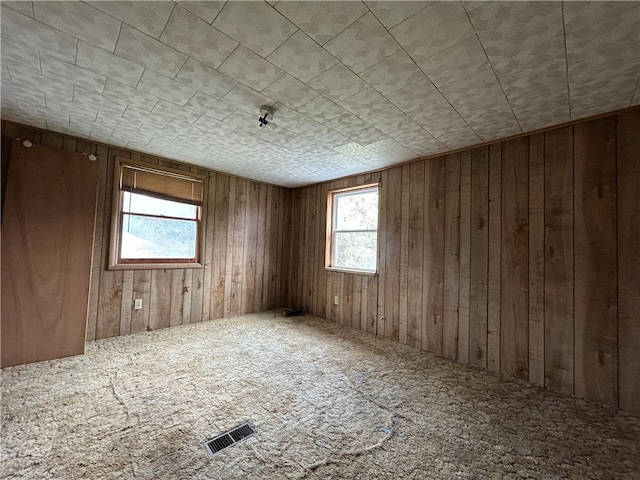 unfurnished room with wooden walls and carpet floors