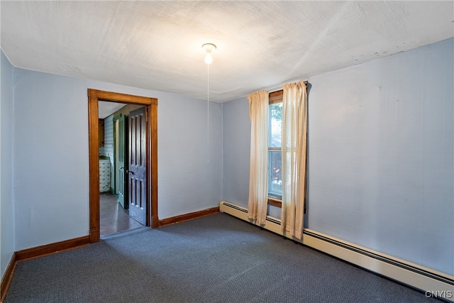 empty room featuring carpet floors and baseboard heating